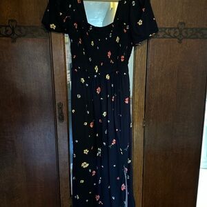 NWT Print Smocked Puff Sleeve Midi Dress Navy Medium